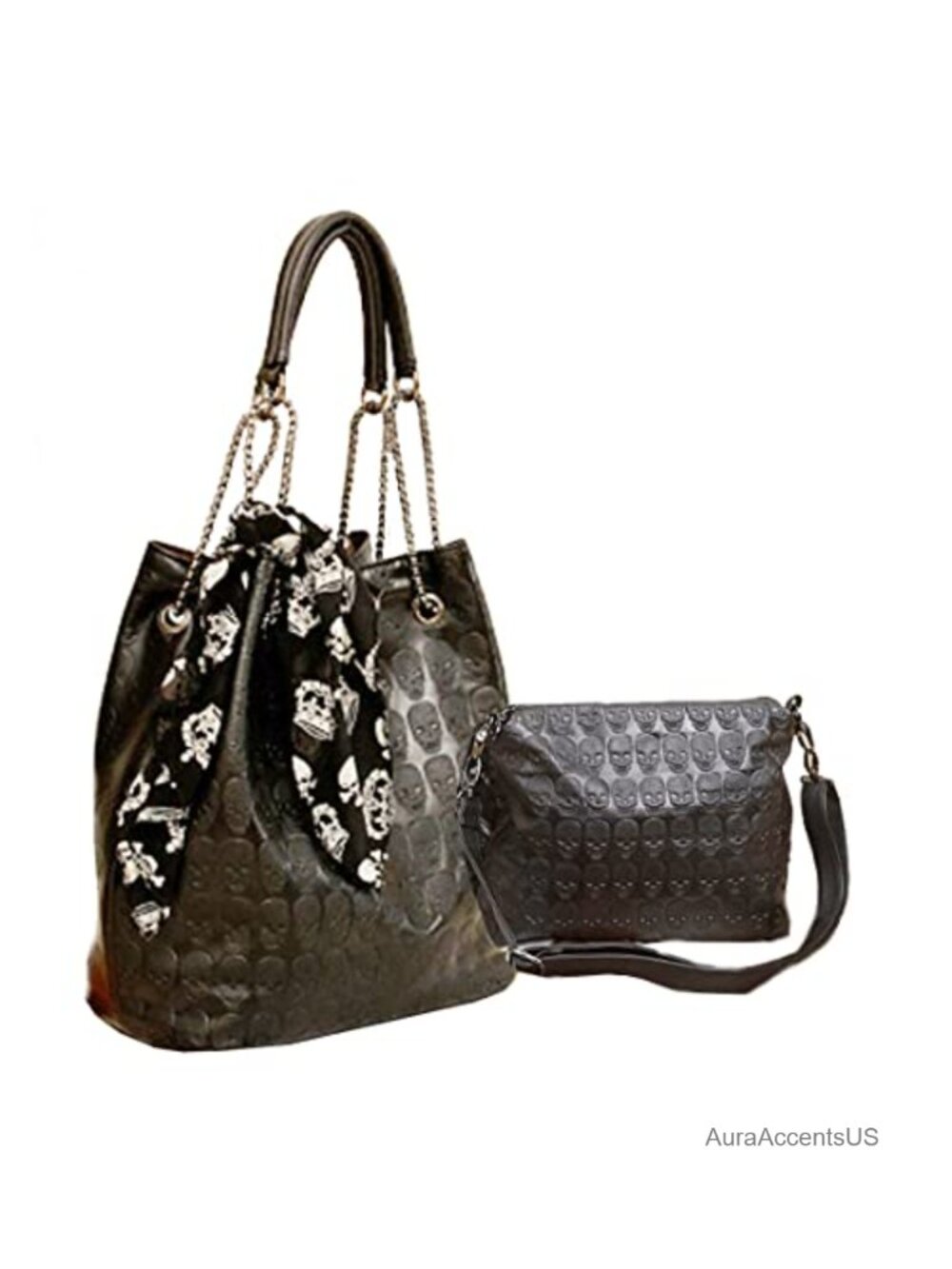 Faux Leather Skull Print Hobo Tote Shoulder Bag with Chain Strap Gift